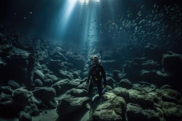 creature, swimming amongst schools of fish in cavernous underwater cave, created with generative ai