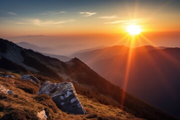 Fototapeta premium majestic mountain range, with view of the sun setting over the horizon, created with generative ai