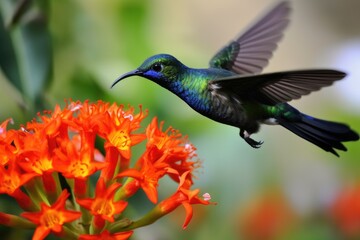 hummingbird, with its tiny beak and vibrant feathers, hovering over flower, created with generative ai