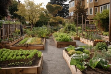 a community garden with raised beds and a variety of vegetables, herbs, and fruits, created with generative ai