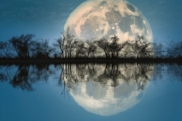 abstract and surreal landscape with reflection of the moon on a still pond, created with generative ai