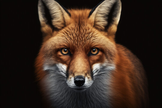 Portrait of a beautiful red fox on black background. Generative ai