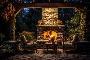 Backyard fireplace chairs stones. Generate Ai - obrazy, fototapety, plakaty