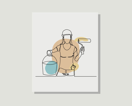Continuous single one line drawing vector design illustration of construction worker painting, carrying paint roll and paint bucket