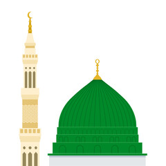 Mosque or masjid Al Nabawi minaret and green dome in Madinah, flat illustration, isolated on white background, vector, Saudi Arabia