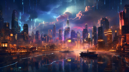 The power of artificial intelligence through a futuristic cityscape illuminated by AI