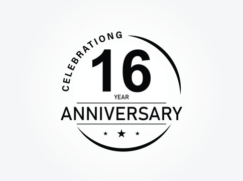 16 years anniversary pictogram vector icon, 16th year birthday logo label, black and white stamp isolated.
