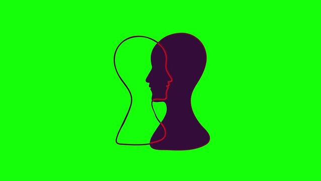 BPD Simple concept. Animated Minimalistic Icon of human head with bipolar disorder or borderline personality disorder. Emotional dualism and Split Personality Disorder. Green screen.