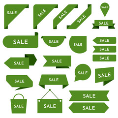 Set of vector green badges. Simple flat style labels, stickers with sale text. Shopping stickers and badges vector mockup.Web ribbon banner, sales promotion stickers