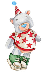 Watercolor hand painted party celebration elements. Bear and rabbit in birthday cap. Design for baby shower party, birthday, cake, holiday design, greetings card, invitation.