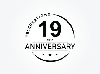 19 years anniversary pictogram vector icon, 19th year birthday logo label, black and white stamp isolated.