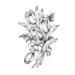 Bouquet of Tulips and mimosa black white line art retro stile hand drawn
