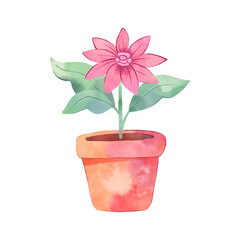 Pink potted flower in watercolour style. Home gardening, planting. Flower clip art. Sticker