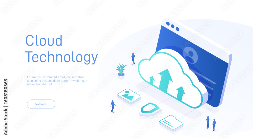 Poster cloud technology isometric concept. cloud computing. online devices upload, download information. da