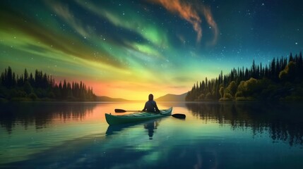 Man kayaking on a lake at night with aurora borealis. Generative AI.