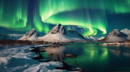 Fototapeta na wymiar Aurora borealis, northern lights over fjord in winter. Generative AI.