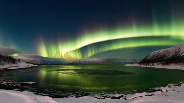 Aurora Borealis over fjord in winter, Iceland. Generative AI.