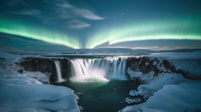 Aurora borealis over a waterfall in winter, Iceland, Europe. Generative AI. © AS Photo Family