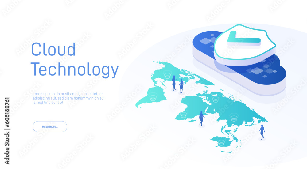 Poster cloud technology isometric concept. cloud computing. online devices upload, download information. da