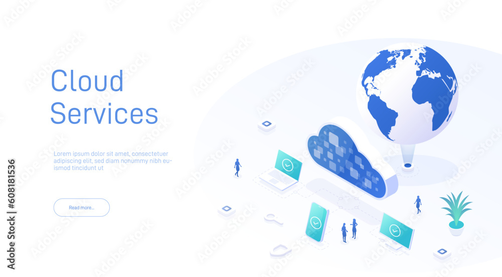 Poster cloud technology isometric concept. cloud computing. online devices upload, download information. da