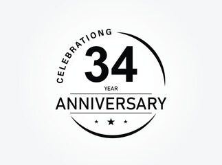 34 years anniversary pictogram vector icon, 34th year birthday logo label, black and white stamp isolated.