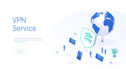 Vpn service concept. Secure internet surfing software for virtual protection network. Safe online access with mobile device or pc. Isometric vector illustration.