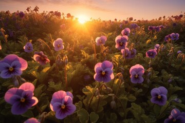 Obraz na płótnie Canvas field of pansie flowers in the sunset. Generative AI