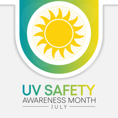 Fototapeta premium UV safety month is observed every year in July, it is a type of electromagnetic radiation that makes black light posters glow, and is responsible for summer tans and sunburns. Vector illustration