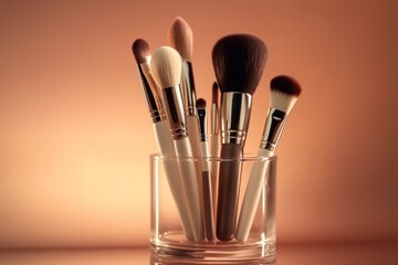 Makeup brushes, cosmetics background. Generative AI