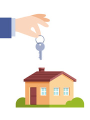 Colored vector illustration in a flat style. House isolated on white background. A man's hand holds the keys to the apartment. Conceptual banner for renting apartments, selling real estate, bank loan 