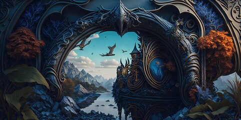 Landscape in fantasy planet, fictional world.