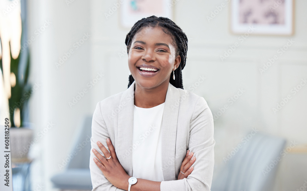 Poster confidence, crossed arms and portrait of a businesswoman in the office with leadership and success. 