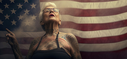 heartcore old tattooed lady singing in American flag on 4th of july independence day celebration concept.generative ai.