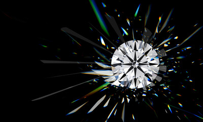 Round brilliant cut diamond with colorful refraction rays on black background