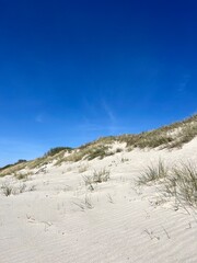 white sandy the sea, white dunes with some grass, blue sky background