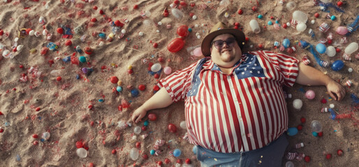 top view of happy overweight fat man laying on the beach celebrating America fourth of july or indepedence day,generative ai.