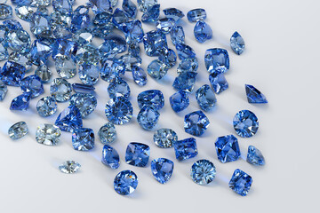 London blue topaz stones scattered on white background.