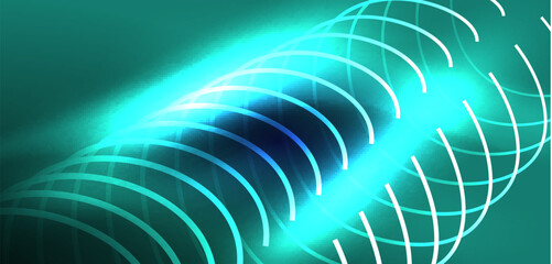 Neon laser lines, circles waves abstract background. Neon light or laser show, electric impulse, power lines, techno quantum energy impulse, magic glowing dynamic lines