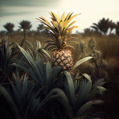 Pineapple growing on a plantation. Generative AI.