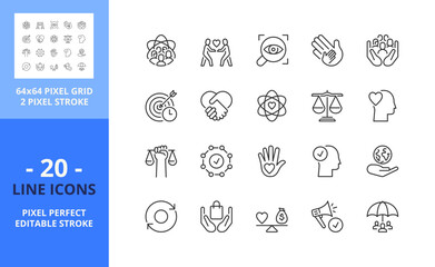 Line icons about corporate social responsibility. Pixel perfect 64x64 and editable stroke