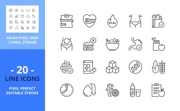 Line icons about diet, healthy food. Pixel perfect 64x64 and editable stroke
