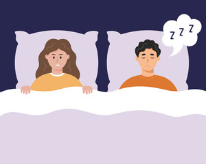 Young woman suffering of her partner's snore at night. Snoring man in bed. Couple or family troubles. Snoring, bad sleep or insomnia concept. Vector illustration isolated on white background.