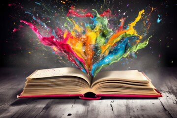 A open book floating with colorful paint splatters and brushstrokes surrounding it, creating a sense of creativity and artistic expression that resonates with the book's contents. Generative Ai