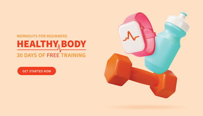 3d Workouts for Beginners Healthy Body Training Ads Banner Concept Poster Card Cartoon Style. Vector illustration