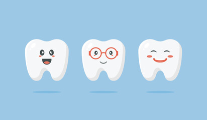 Obraz premium Cute little teeth characters. Vector illustration of cute cartoon teeth with smiling expression and glasses designed in kawaii style. Use for kids medical centre, dentist, poster, banners.