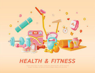3d Health and Fitness Products Ads Banner Training Gym Concept Poster Card Cartoon Style. Vector illustration