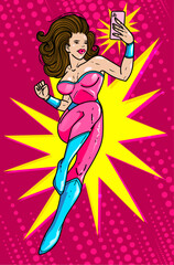A glamorous superwoman takes a selfie with her phone. Pop-art style, vector illustration. 