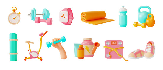 3d Health and Fitness Concept Cartoon Style Elements Include of Stopwatch and Hand Holding Dumbbell. Vector illustration © bigmouse108