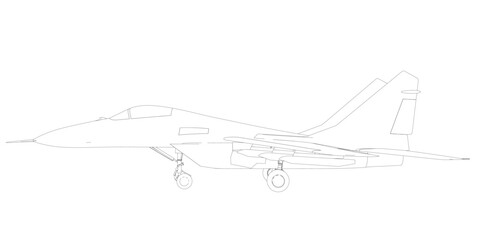 Military fighter jet outline. Vector art illustration of contour airplane. Modern war aircraft. Supersonic speed..