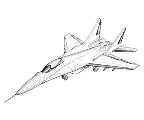 Fototapeta na wymiar Military fighter jet outline. Vector art illustration of contour airplane. Modern war aircraft. Supersonic speed. 3D.